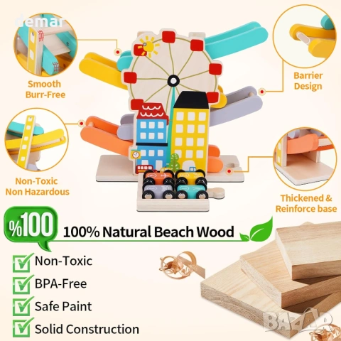 FCSONU Детски Монтесори дървени играчки, кула, 4 мини колички, 4 писти и гараж, снимка 7 - Коли, камиони, мотори, писти - 54065147