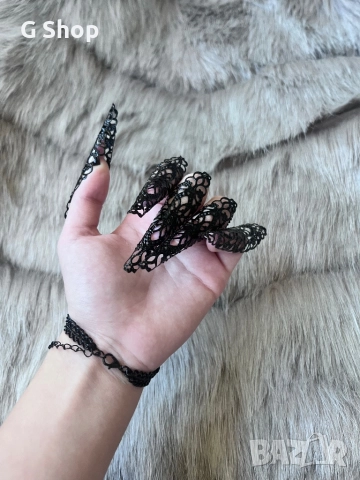 Черна перлена огърлица дантелена маска за лице готик гривна черни кристали черни пръстени, снимка 3 - Гривни - 52426386