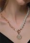 Gold Plated Women's Stone Medallion Chain Pearl Necklace, снимка 1 - Колиета, медальони, синджири - 37742049