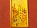 Старинна златна картина рисувана върху златно фолио - старинен часовник и стари сгради - с маркировк, снимка 2