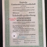 Райх облигация 500 марки | Немска Континентална Газова Компания | 1937г., снимка 1 - Други ценни предмети - 29139126