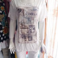 УНИКАЛНО КРАСИВА бяла блуза с щампа с камъчета , снимка 1 - Тениски - 29615550