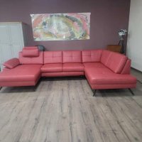 Червен кожен П образен ъглов диван ZE-EM21063 с функция сън, снимка 3 - Дивани и мека мебел - 44215938