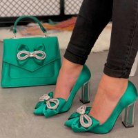Обувки на ток - зелен сатен - 3111, снимка 1 - Дамски обувки на ток - 33780772