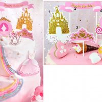 4 Замък каляска корона и надпис  Happy Birthday картонени топери сет за принцеса торта украса декор , снимка 1 - Други - 29638424