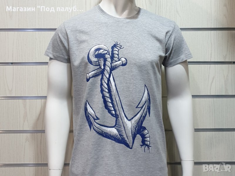 Нова мъжка сива тениска с трансферен печат Голяма котва, морска, снимка 1