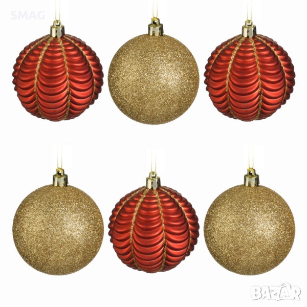 Комплект коледни украси за елха – червени топки, матови, със златист брокат, 8 см – 6 броя_1253574, снимка 1