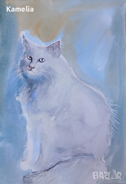 Картина: "Бял котарак" - акварел , снимка 1