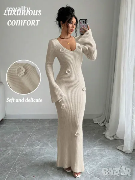 Плетена рокля с флорална бродерия в цвят Каки, снимка 1