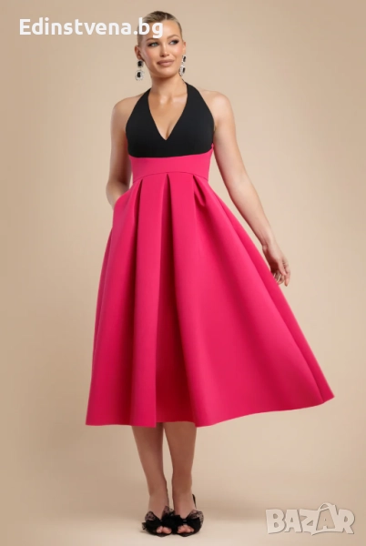 Дамска eлегантна рокля с контрастен дизайн и панделка, снимка 1