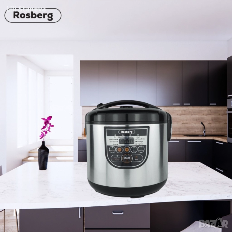 Мултикукър Rosberg, 780W, 5литра, 10 програми, Ръчен режим, Таймер, Инокс/Черен 2 ГОДИНИ ГАРАНЦИЯ., снимка 1