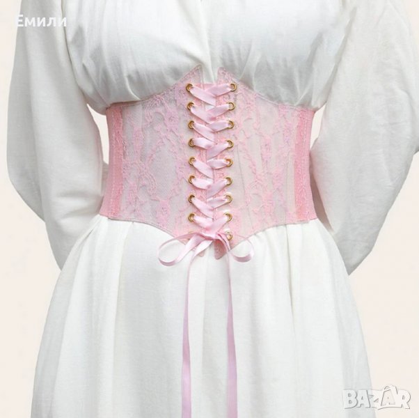 Розов корсет колан с дантела и сатенени връзки, снимка 1