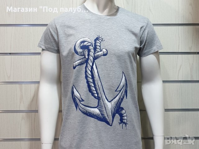 Нова мъжка сива тениска с трансферен печат Голяма котва, морска