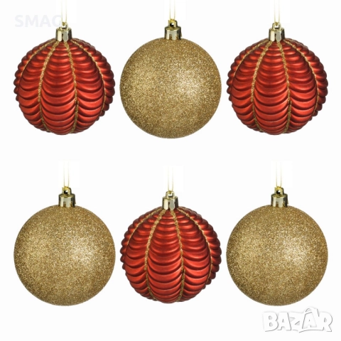 Комплект коледни украси за елха – червени топки, матови, със златист брокат, 8 см – 6 броя_1253574