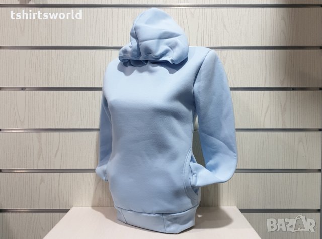 Нов дамски светлосин суичър с качулка и джобчета, снимка 2 - Суичъри - 30655634