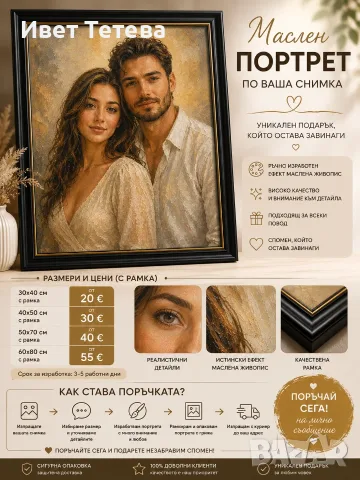 Маслен портрет по ваша снимка в рамка – уникален подарък от 20 €