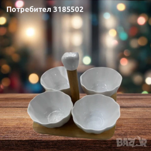 Елегантен комплект от 4 керамични купички с дървена стойка, снимка 4 - Прибори за хранене, готвене и сервиране - 51421846