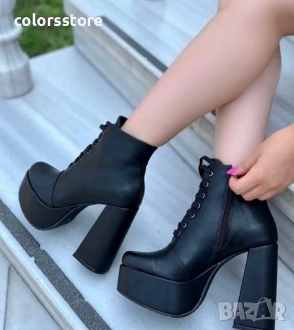 Боти на ток - черна кожа (черни връзки) - NK9