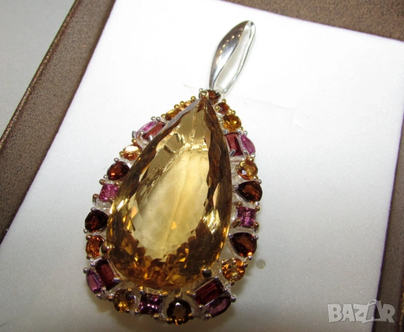 925 сребърно колие с голям цитрин, минерал 60 карата, снимка 4 - Колиета, медальони, синджири - 53983700