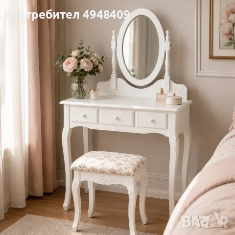 Бяла козметична тоалетка с овално огледало и табуретка, снимка 4 - Тоалетки - 56145935