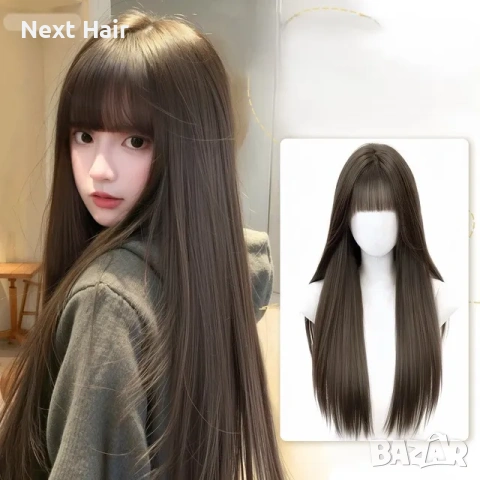 Права синтетична кафява перука с бретон и зигзаг път – 55 см, снимка 2 - Аксесоари за коса - 53899033