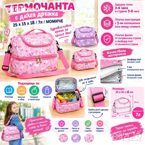 Термо чанта с дълга дръжка 25 × 15 × 18 см / 7 л – за момиче