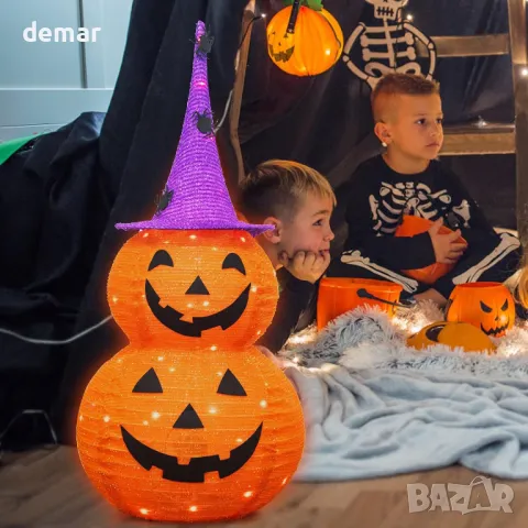 Тиквени светлини за Хелоуин, LED, на батерии, с шапка на вещица, сгъваеми (92 см височина), снимка 7 - Декорация за дома - 47990632