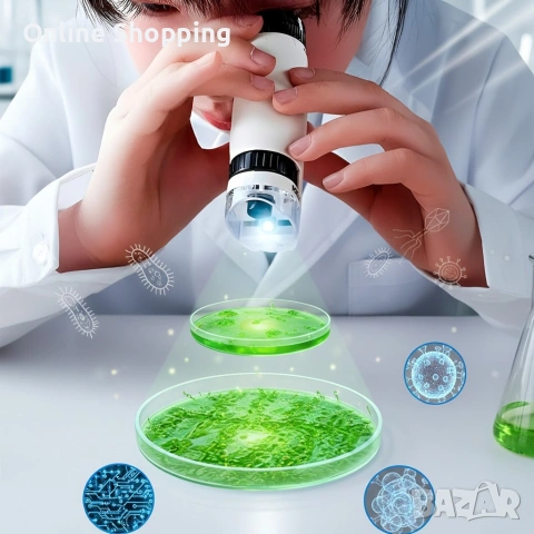 Детски преносим микроскоп с LED светлина, 60x-120x увеличение и стойка за смартфон, снимка 3 - Други - 53326910