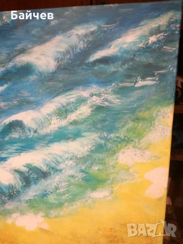 Море,Вълни плаж,Масло бои на платно подписана картина, снимка 3 - Картини - 35651002
