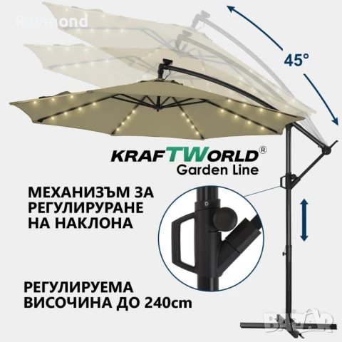 Висящ градински чадър Monaco 3м KraftWorld | Соларено LED осветление | Бежов Лукс | 220g/m², снимка 6 - Градински мебели, декорация  - 51053169