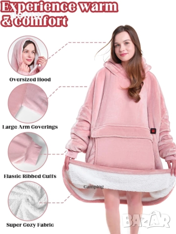 MAXEVE Отопляем суитшърт с качулка и батерия 10000mAh, голям суитшърт, топъл мек розов, снимка 3 - Суичъри - 52097440