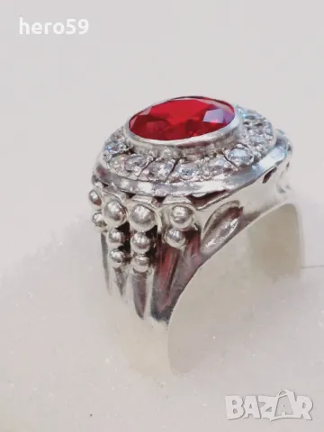 Огромен мъжки сребърен пръстен с рубин и циркони(фараон), снимка 4 - Пръстени - 48462715