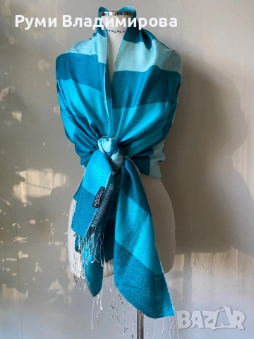 Тюркоазено син шал от коприна, кашмир, вълна, памук/ ралични видове, снимка 8 - Шалове - 47418018