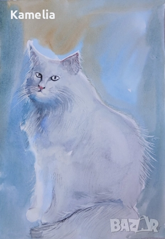 Картина: "Бял котарак" - акварел 