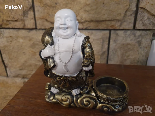  Статуетка на щастливия Буда с поставка за чаена свещ, снимка 2 - Статуетки - 51105818