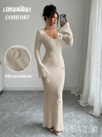 Плетена рокля с флорална бродерия в цвят Каки