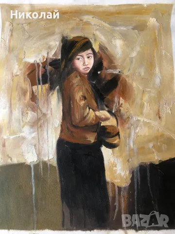 Картини – „Таитянски жени на плажа“ и авторски портрет на момиче, маслени бои, от Париж, нови, снимка 8 - Картини - 47476041