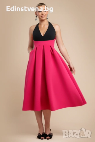 Дамска eлегантна рокля с контрастен дизайн и панделка