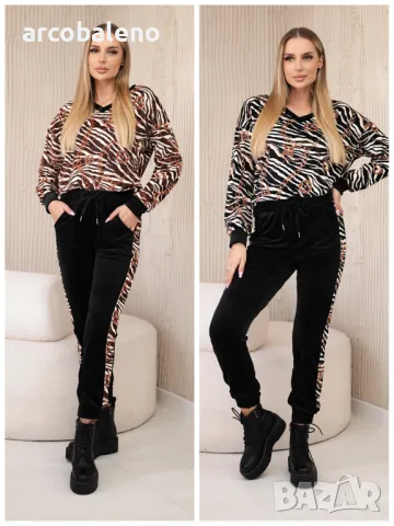 Дамски велурен комплект от две части с животински мотив, 2цвята 