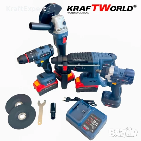 Комплект Акумулаторни Безчеткови Машини 4в1 от Kraftworld Ъглошлайф,Гайковерт,Винтоверт и Перфоратор, снимка 2 - Куфари с инструменти - 50488093