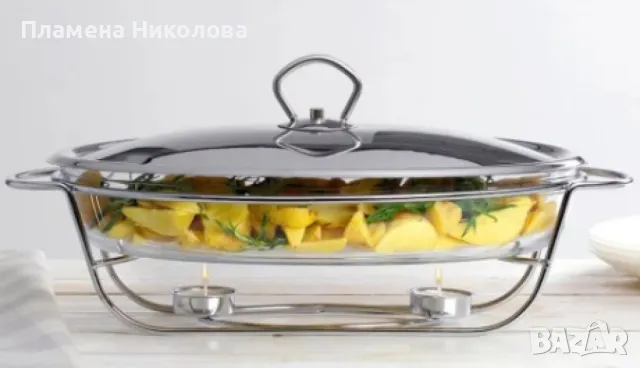 Съд за затопляне Bohmann, 3л. правоъгълен, 2свещи, Стоманен капак, Стъкло, Инокс, снимка 1