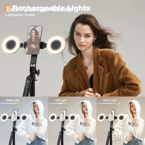 Нов Селфи Стик Трипод с 2 LED Лампи Bluetooth Пулт 360° Ротация за снимки фото, снимка 2 - Чанти, стативи, аксесоари - 54346920
