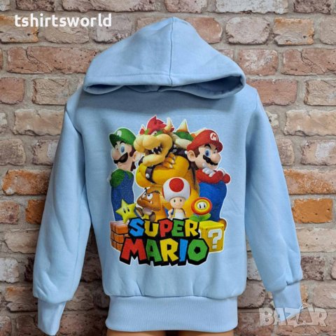 Нов детски суичър с дигитален печат Super Mario (Супер Марио) в светлосин цвят, снимка 5 - Детски анцузи и суичери - 42740614