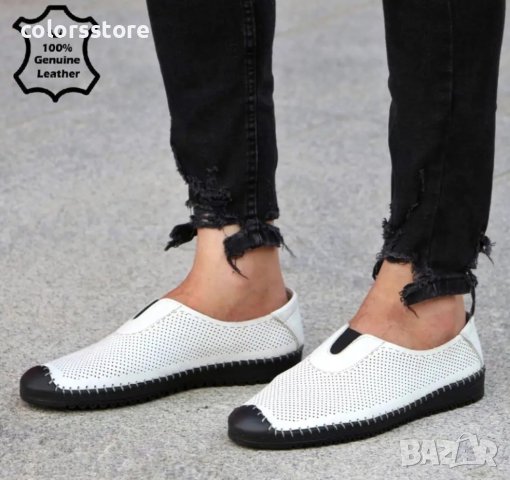 Мъжки обувки - бяло с черно ЕСТЕСТВЕНА кожа - 328, снимка 1 - Мокасини - 30853047