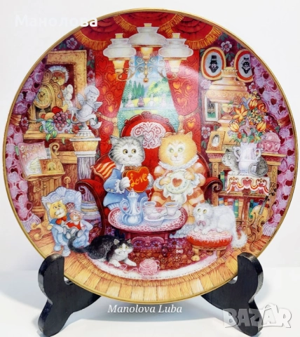 Колекционерска порцеланова чиния Wconker Wuv от серията Holiday Cat Plate на Franklin Mint.