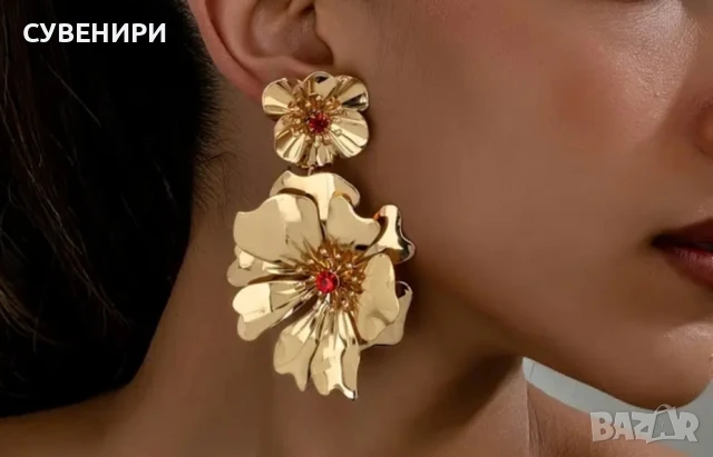 Големи златисти обеци на цветя, снимка 1