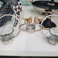 Свещник за три чаени свещи - метал и стъкло, снимка 1 - Декорация за дома - 38083792