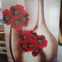 дървена картина пано Червени цветя, снимка 1 - Картини - 42384322