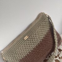 Дамска плетена чанта, беж и кафяво, ръчно изработена, снимка 4 - Чанти - 42698885