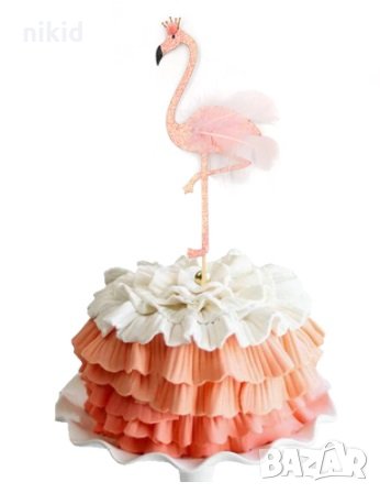 Фламинго с корона и пера розов брокатен картон топер, снимка 1
